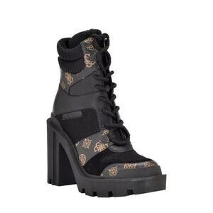 GUESS Womens Black Logo Lug Sole Tadbit Round Toe Block Heel Lace-Up Boots 5